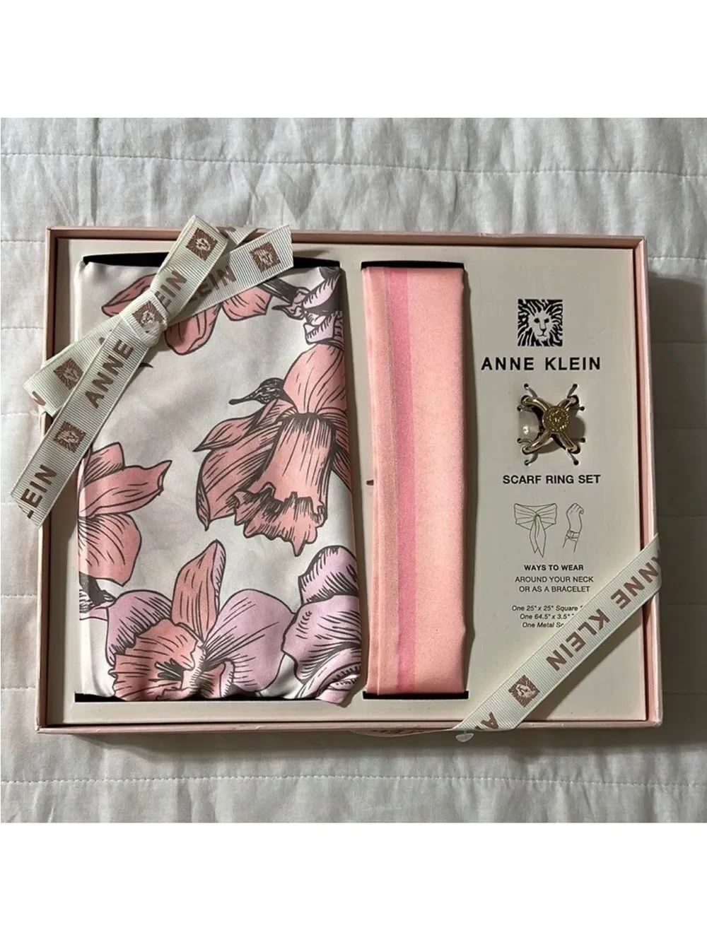 Anne Klein Blush Pink Coral Ivory Scarf Floral Twilly Ring Gift Set